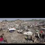 Slum drone shots cut against luxury pool at 0:04