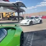 Green Lamborghini parked at Speed Vegas at 0:05