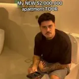 A camera tours a $2,000,000 apartment and its stream room, bedroom at 0:18