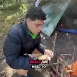 A man counts off his five island survival essentials, from a chainsaw at 0:24