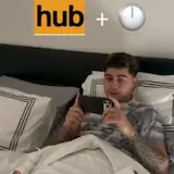 A man moves from his kitchen to his bed and bathroom as app icons stack at 0:12