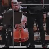 The camera pans over her bow and strings as she performs at 0:24