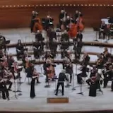 The camera pans over her bow and strings as she performs at 0:36
